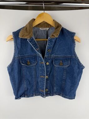 Vintage Niki Lee California Cropped Denim Sleeveless Vest Corduroy Collar XS